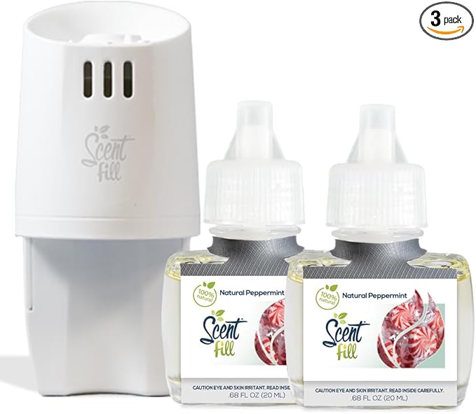 Scent Fill 100% Natural Peppermint Plug in Air Freshener, Scented Oil Refills, 2 Refills + Diffuser