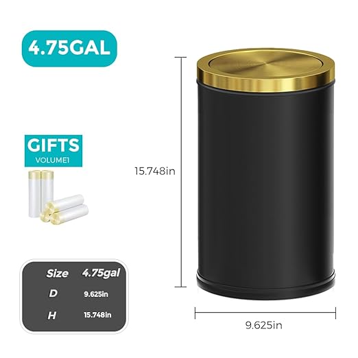 4.7 Gallon/18L Stainless Steel Bathroom Trash Can,Black and Gold Garbage Bin with Swing Lid,Round,Elegant Waste Basket,for Toilet,Kitchen,Living Room,Hotel,Home (18L-Black)