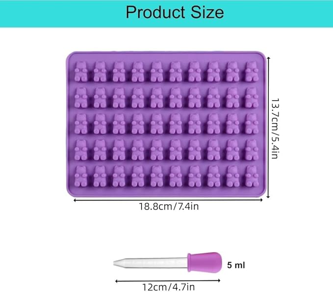 2 Piece Gummy Bear Silicone Molds, Non-Stick Chocolate Candy Mold with 2 Droppers Food Grade (Purple+Blue+Pink+Green+Red)