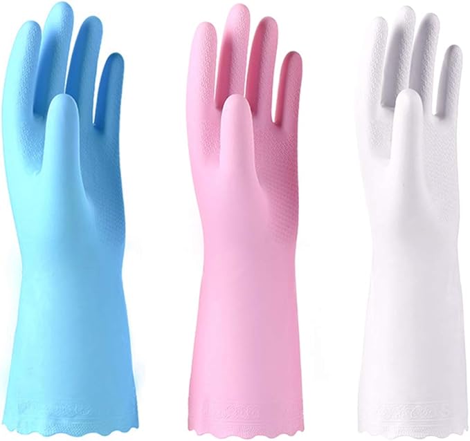 Alimat PluS 3 Pack Reusable Cleaning Gloves Latex Free, Dishwashing Gloves with Cotton Flock Liner and Embossed Palm, Waterproof Household Gloves for Laundry, Gardening (Large)