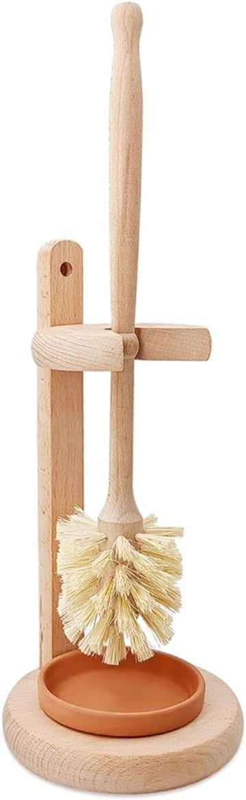 Toilet Bowl Cleaner Brush with Holder, 14 Inch Extra Long German Beechwood Handle, Strong Hemp Bristles, Ceramic Drip Tray, Biodegradable
