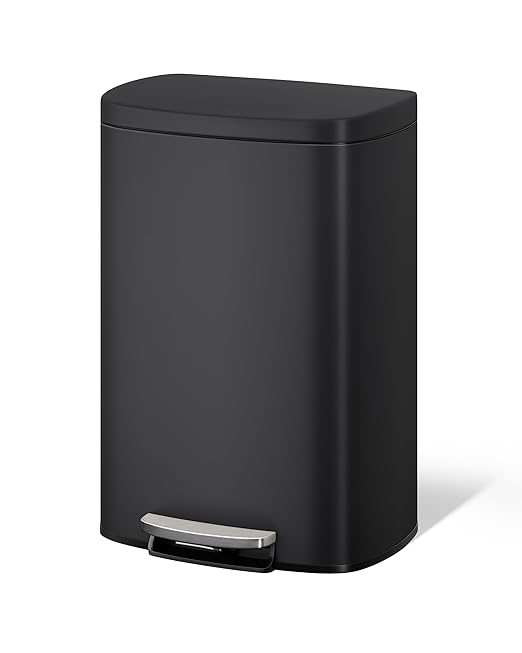 Garvee 13 Gallon / 50 Liter Metal Kitchen Trash Can with Lid, Large Rustproof Garbage Can for Kitchen, Step-on Trash Bin with Inner Bucket, Rear Handle, Soft Close Lid, Black