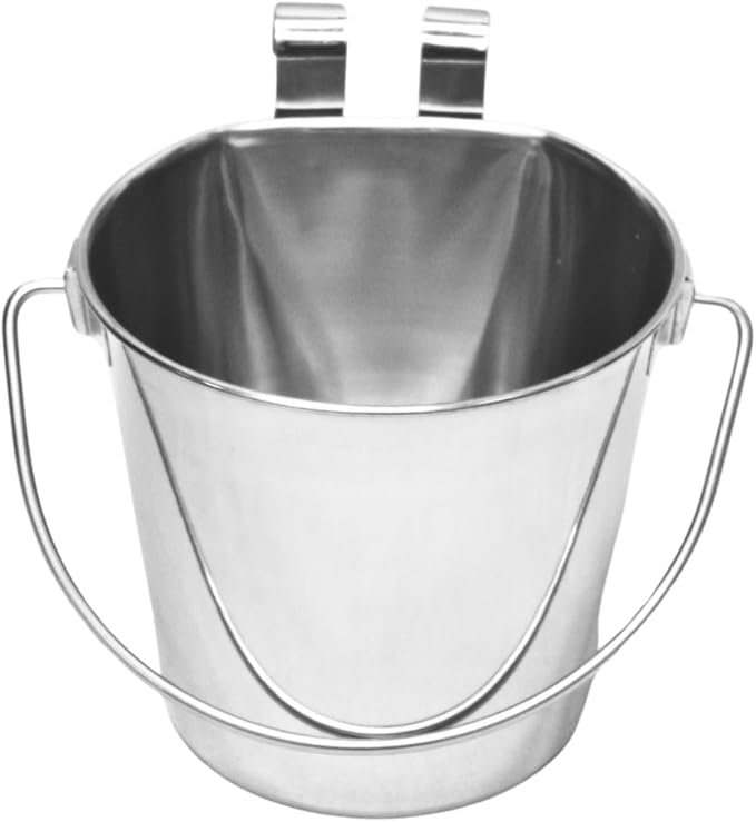 1 Quart Stainless Steel Flat Sided Bucket with Dual Hooks | Durable Food & Water Bowl for Dog Cat Bird & Small Animals | Fits kennel Cage Critter Crate Hanging Pet Pail | Multipurpose use