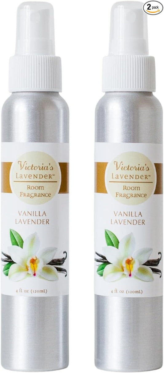 Victoria's Lavender Room Spray - All-Natural Home Atmosphere Spray, Made in the USA, Essential Oil Concentrated Air Freshener, Bathroom Odor Eliminator, Luxury 2-Pk Vanilla Lavender, 4 oz