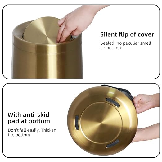 10 L/3 Gallen,Gold Small Trash Can for Bathroom,Brushed Stainless Steel Garbage Can with Flipping Lid,for Bathroom,Living Room,Bedroom,Hotel,Conference Room(Gold)