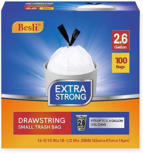 Besli 2.6 Gallon Drawstring Trash Bag Small Garbage Bag,100 Counts (White, 2.6 Gallon)