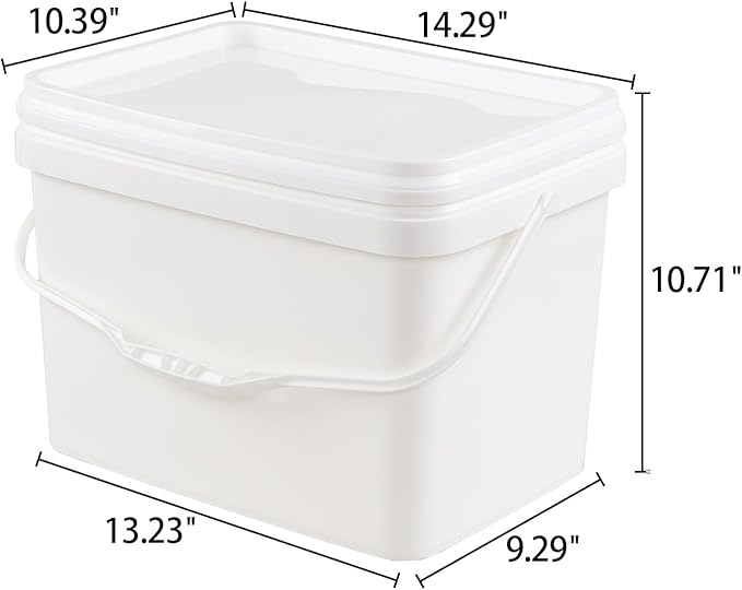 5 Gallon Plastic Square Bucket with Lid for Food Storage, Set of 4 Rectangular White Food Grade Bucket with Handle