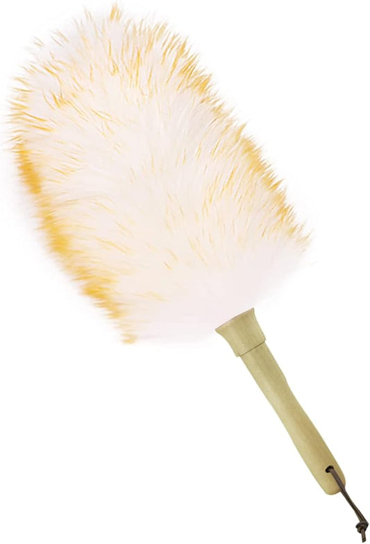 Lambswool Duster 14'' Length Solid Wooden Handle Leather Hang Strap for Cleaning Ceiling Fans Window Blinds Computer Furniture Figurines TV Natural Feather Duster,Yellow+White