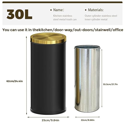 30L/8GAL Gold Brass Kitchen Trash Can,Tall Commercial Garbage Can with FILP Lid,Black and Gold Trash Can for Kitchen,Shopping mall,Elevator gate,Airport, Hotel,Commercial (Black)
