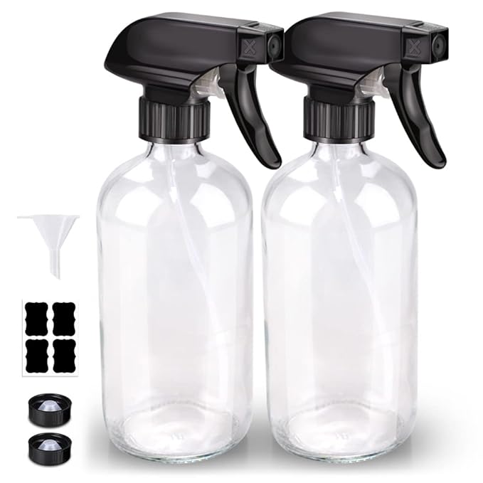 Glass Spray Bottle, Clear Glass Spray Bottle Set & Accessories Refillable for Plants Window Cleaners Aromatherapy Facial Hydration Watering Flowers Hair Care (2 Pack/16 oz) (Transparent)