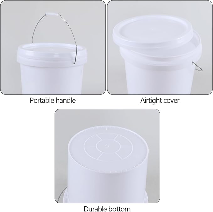 4 Gallon All Purpose Pail with Airtight Lids, Plastic Food Grade White Bucket with Handle, 4 Packs