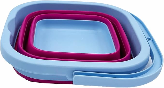 SAMMART Collapsible Rectangular Cleaning Bucket 5L (1.3 Gallon)- Foldable Camping Beach Sand Water Pot Pail- Portable Space Saving Tub for Household, Outdoor Car Washing (Cool Blue/Flamingo)