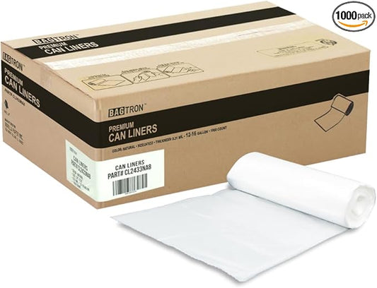 12-16 Gallon Trash Bags, 8 Micron High Density Garbage Can Liners Bulk, 24" x 33", Natural Clear, 1000 Count