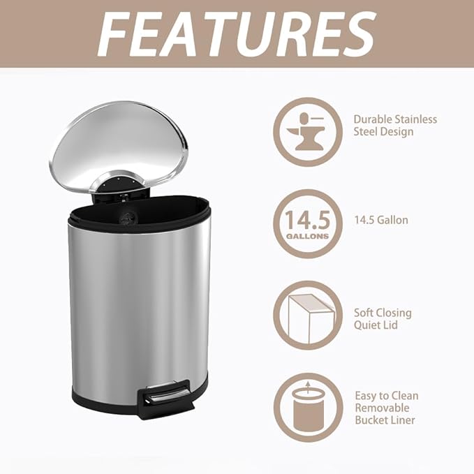 Trash Can with Lid - Assembled in USA 55 Liter/14.5 Gallon Stainless Steel Trash Can with Odor Protection Kitchen Garbage cans with Soft-Close Foot Pedal for Bathroom Home Office