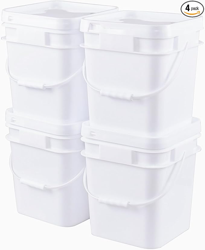 White Food Grade Bucket with Airtight Lids, Plastic Painting Can Square Oil Tub, 3 Gallon Plastic Bucket, All Purpose Pail with Handle (4 Pack)