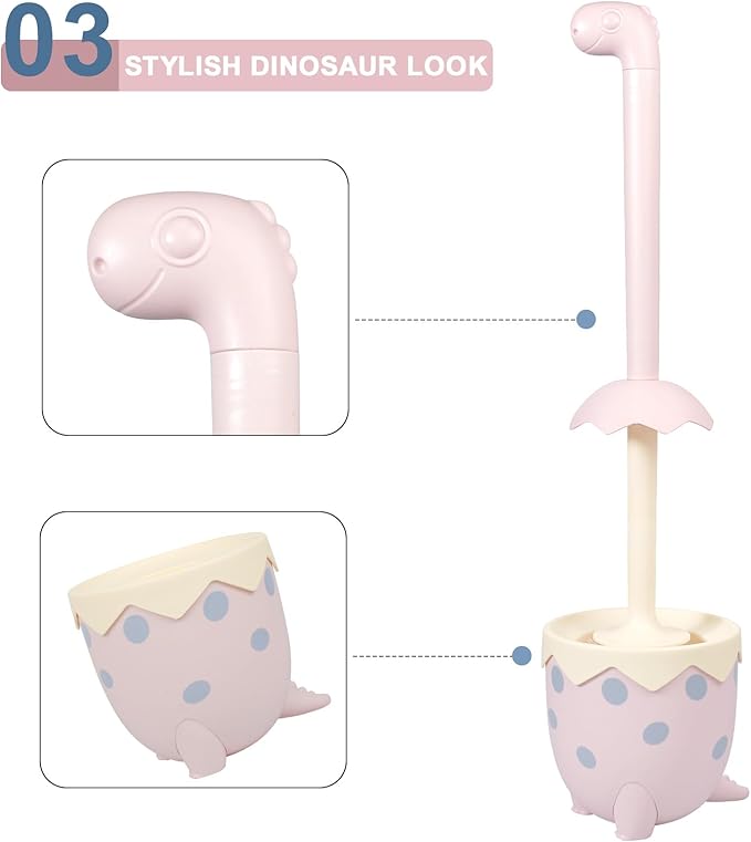 Dinosaur Shape Toilet Brush, Cute, Compact, 1-Pack, Pink, TPR Bristles