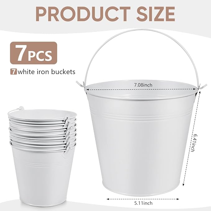 OBTANIM 7 Pack White Metal Buckets with Handle Galvanized Ice Pails for Plants, Succulents, Party Favors Organizing, Rustic Home Decor or Classrooms Pencil Storage (7.1 x 5.2 inch)