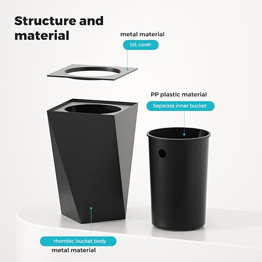 2.64 Gallon Metal Trash Can, Creative Diamond-Shaped Garbage Can, Simple High-Grade Waste Basket, for Home Bathroom Office. (10L Black Diamond)