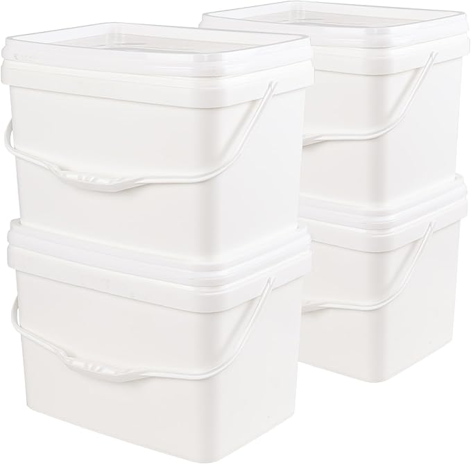 5 Gallon Plastic Square Bucket with Lid for Food Storage, Set of 4 Rectangular White Food Grade Bucket with Handle