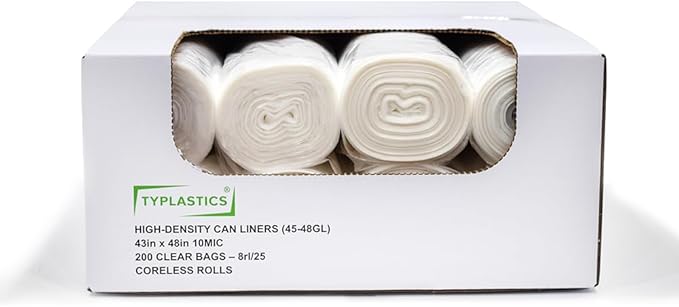 TYPLASTICS 45-48 Gallon Clear Trash Can Liners - 43" x 48" - High Density Garbage Bags - 200 Pack - Multipurpose for Office, Yard, Recycling, Industrial and Commercial
