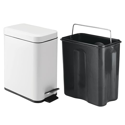 mDesign 5 Liter Rectangular Small Steel Step Trash Can Wastebasket, Garbage Container Bin for Bathroom, Powder Room, Bedroom, Kitchen, Craft Room, Office - Removable Liner Bucket, Matte White