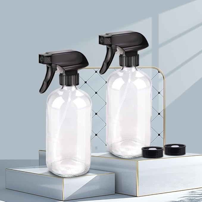Glass Spray Bottle, Clear Glass Spray Bottle Set & Accessories Refillable for Plants Window Cleaners Aromatherapy Facial Hydration Watering Flowers Hair Care (2 Pack/16 oz) (Transparent)