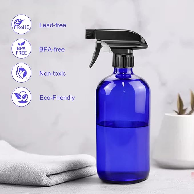 Glass Spray Bottles, 16oz*2+4oz*2+2oz*4 Refillable Containers, Empty Boston Round Bottles with Adjustable Nozzle for Cleaning, Gardening, Aromatherapy, Pets, Plant, Hair - Blue