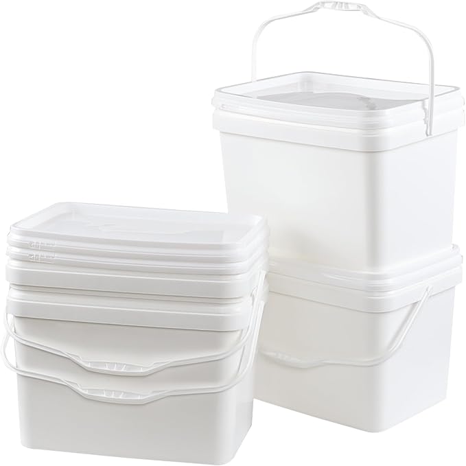 5 Gallon Rectangular Plastic Bucket Pail with Lid, 4 Pack White Square Bucket Pail Container with Handle for Food Storage