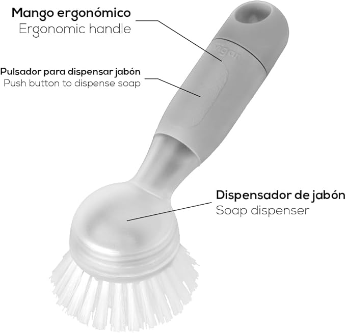 Vigar Rengo Soap Dispensing Dish Brush, Dish Brush with Soap Dispenser for Pot Scrubber, Dishes, Sink Cleaner, and Kitchen Essentials, Grey
