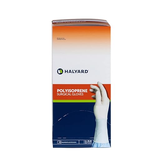 HALYARD Surgical Gloves Sterile Polyisoprene Individually Wrapped Pairs Powder Free Medical Disposable Gloves, 9.4 mil, Size 7.0 Medium, White, SGL95070 (Box of 50 Pairs - 100 Total)