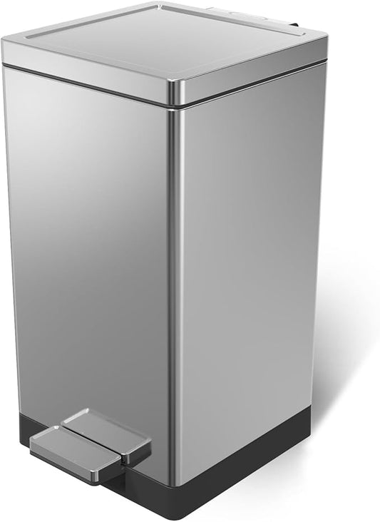 Trash Can with Lid - 30 Liter/8 Gallon Square Stainless Steel Trash Can with Odor Protection Kitchen Garbage Cans with Soft-Close Foot Pedal Step Bin for Bathroom Home Office Silver
