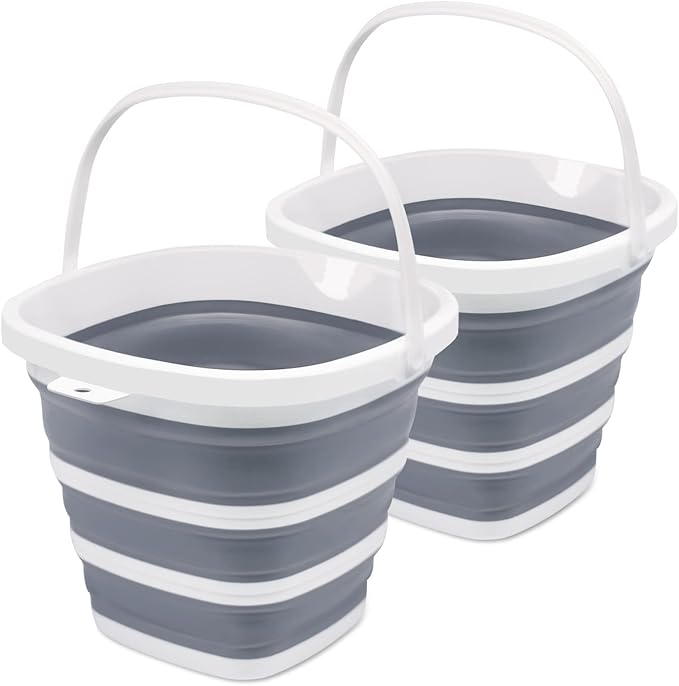 2 Pack Collapsible Bucket, 2.6 Gallon (10L) - Square Foldable Mop Bucket for House Cleaning, Car Washing, Camping - Portable Water Pail for Outdoor, RV, Travel (Grey)