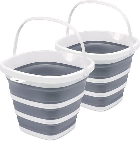2 Pack Collapsible Bucket, 2.6 Gallon (10L) - Square Foldable Mop Bucket for House Cleaning, Car Washing, Camping - Portable Water Pail for Outdoor, RV, Travel (Grey)