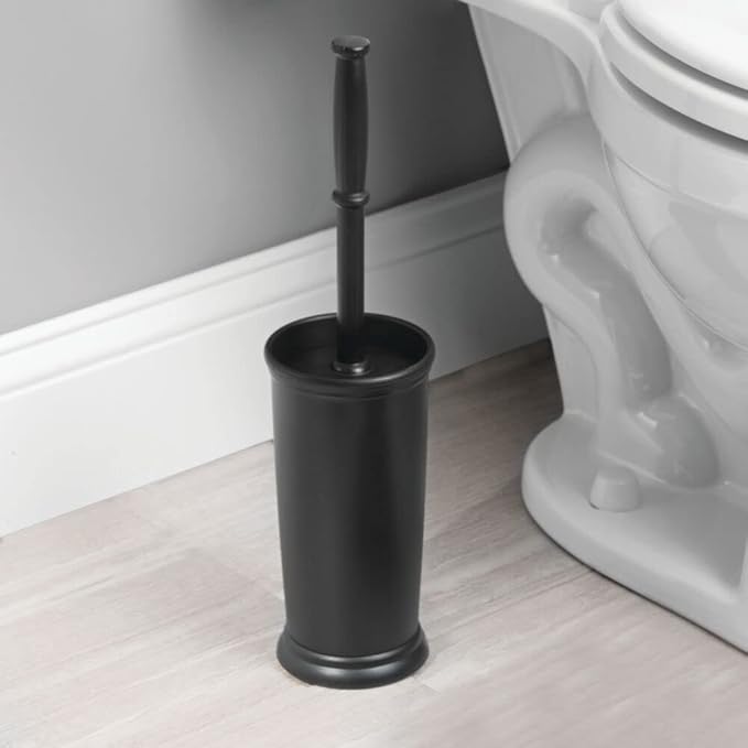 mDesign Toilet Bowl Brush and Holder - Covered Bathroom Toilet Brush - Standing Toilet Bowl Scrubber in Modern Holder - Compact, Space Saving, Deep Cleaning Brush for Toilet - Hyde Collection - Black
