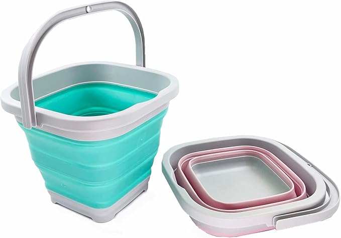 SAMMART Collapsible Rectangular Cleaning Bucket 5L (1.3 Gallon)- Foldable Camping Beach Sand Water Pot Pail- Portable Space Saving Tub for Household, Outdoor Car Washing (Pale Pink + Pine (Set of 2))