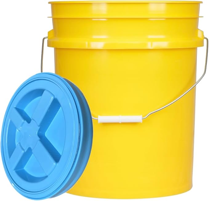 House Naturals 5 Gallon Food Grade Plastic Bucket with Air Tight Screw on Lid Made in USA Container (Yellow Bucket with Aqua Lid)