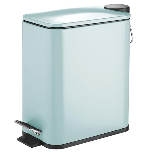 mDesign Slim Metal Rectangle 1.3 Gallon/5 Liter Trash Can with Step Pedal, Easy-Close Lid, Removable Liner - Narrow Wastebasket Garbage Container Bin for Bathroom, Bedroom, Kitchen - Matte Mint Green