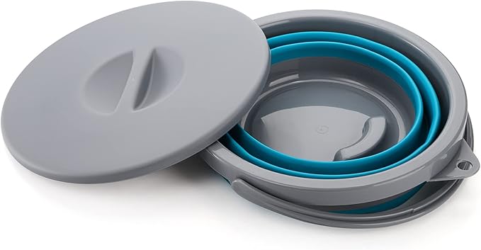 Bekith 2 Pack Collapsible Plastic Bucket with Locking Lid, 5L / 1.32 Gallon Foldable Round Tub Portable Fishing Water Pail for Hiking, Backpacking, Camping and Outdoor Survival (Blue, Gray)