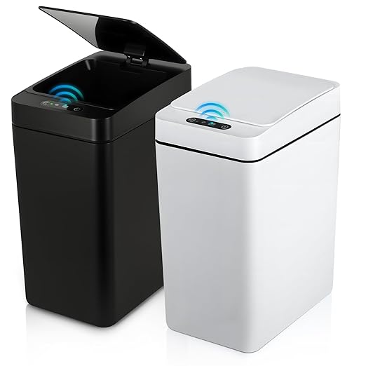 2 Pack Automatic Trash Can Touchless with Lid – 2.5 Gallon Slim Bathroom Trash can，Ideal for Kitchen, Bedroom, Living Room & Office (Black + White)
