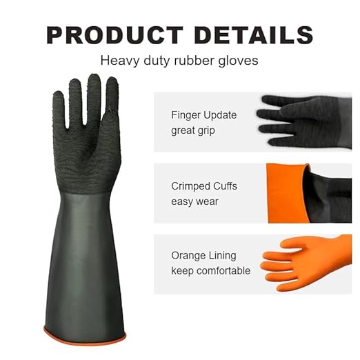 North Tower Heavy Duty Rubber Gloves, Industrial Gloves Waterproof Reusable Protective Work for Cleaning, Dishwashing,Upgraded with Non-Slip Design, Black (22in,2pair)