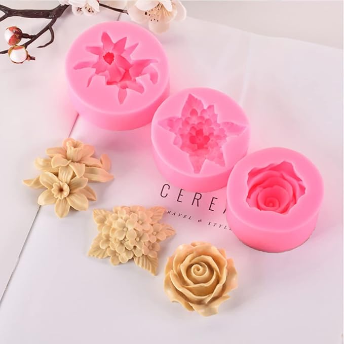 3 Pack Silicone Mold - 3D Flower Shapes: Rose, Peony & Round for Resin Candle & Soap Making