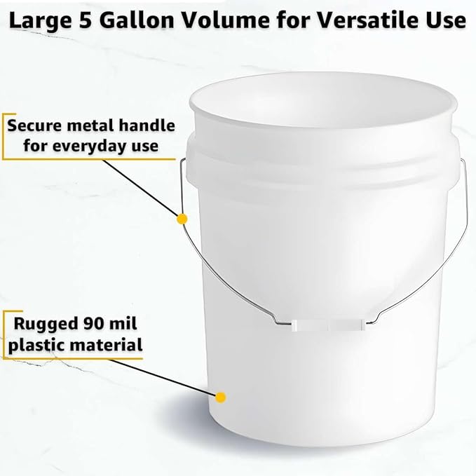 10 Pack - 5 Gallon Heavy-Duty Plastic Buckets with Metal Handle, 90 Mil, Food Safe & Multipurpose