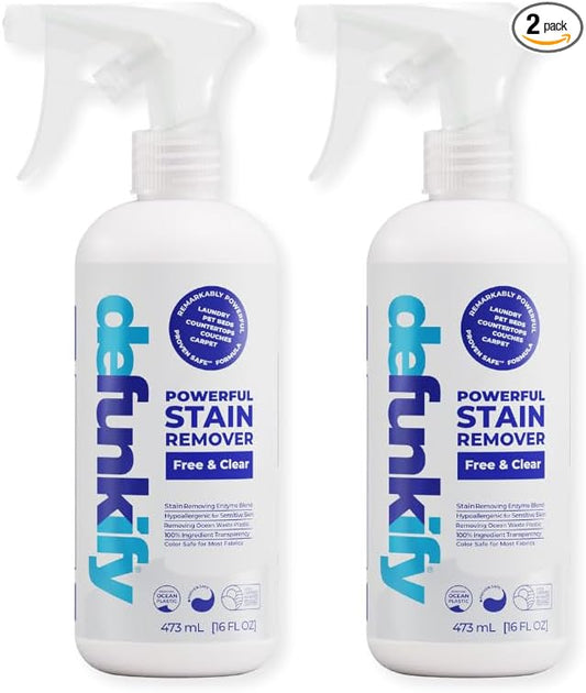 Laundry Stain Remover Spray, 16oz (2-Pack). 'Free & Clear' Stain Remover & Spot Treater Prewash Detergent for Clothes, Carpet & Gear. 'ProvenSafe' Cleaning Spray for Pets, Kids & Sensitive Skin