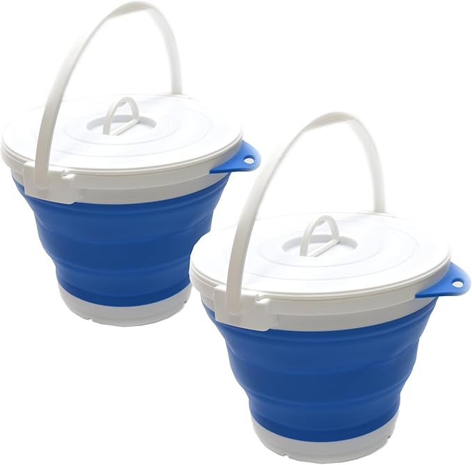 SAMMART Set of 2-10L (2.64Gallon) Collapsible Fishing Bucket Locking Lid, 31cm Dia. (2, Blue)