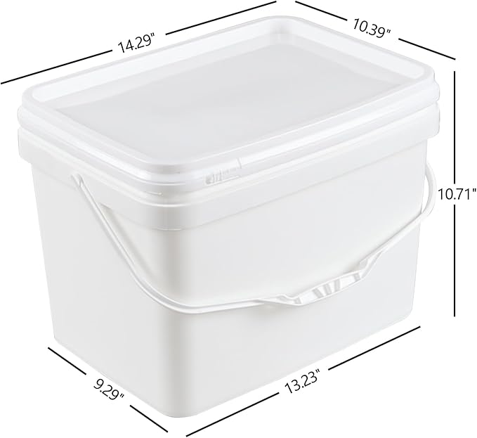 5 Gallon Rectangular Plastic Bucket Pail with Lid, 4 Pack White Square Bucket Pail Container with Handle for Food Storage