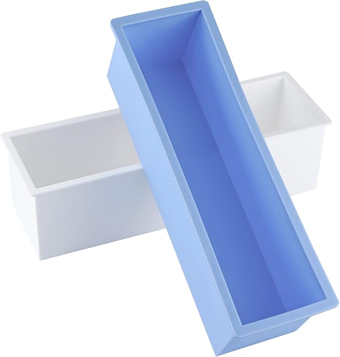 2 Pcs Loaf Soap Mold with Plastic Box, Flexible Silicone Rectangular Mold 42oz, Swirl Making Tool for DIY Soap, Handmade Candles, Resin Casting, Homemade Desserts (Blue)