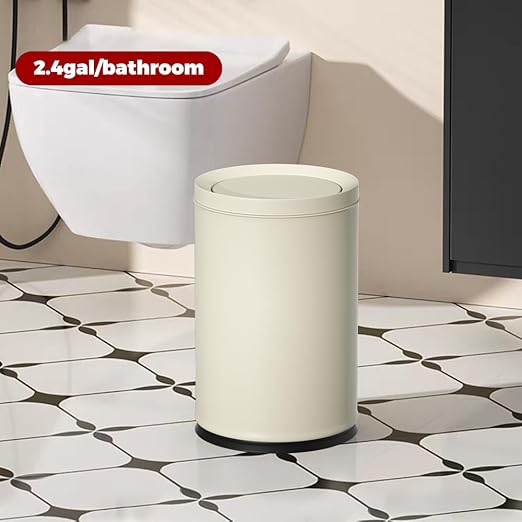 2.4GAL Off White Metal Garbage Can, Double-Layer with Inner Layer,Small Bathroom Trash Can with FILP Lid for Bedroom,Office,Hotel,Bank