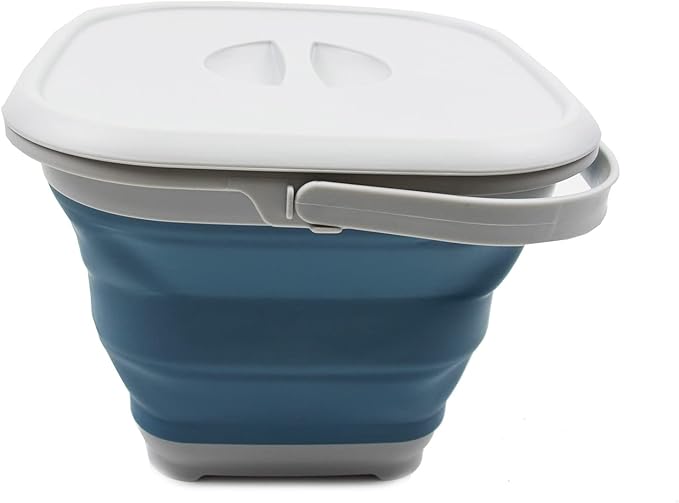 SAMMART 8.5L (2.2 Gallon) Collapsible Square Bucket with Handle and Lid. Size 31x31cm (Grey/Steel Blue, 1)