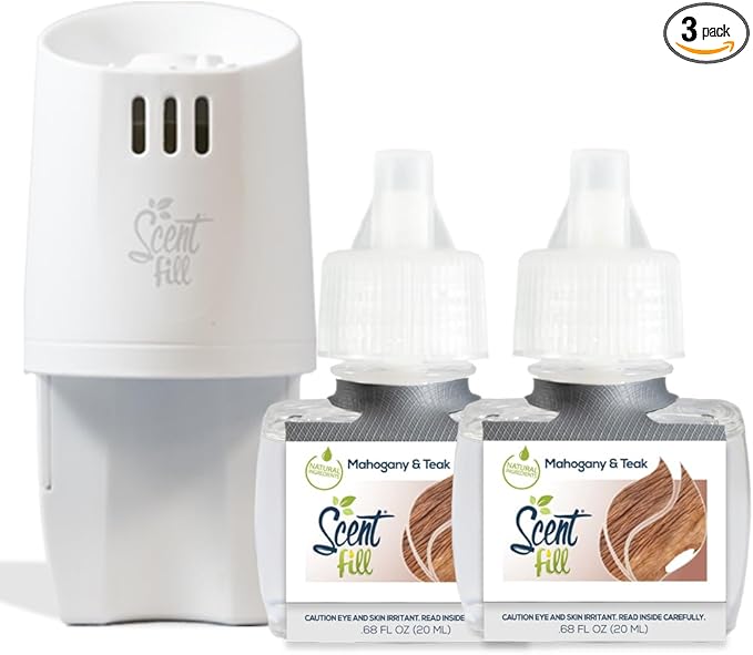 Scent Fill Mahogany Teak Plug in Air Freshener, Scented Oil Refills, 2 Refills + Diffuser
