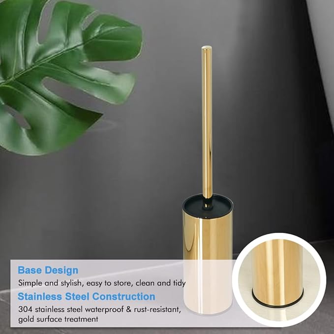 SUNTAI Round Toilet Brush Holder Stainless Steel 304 Bathroom Accessory Standing for Bathroom, Gold
